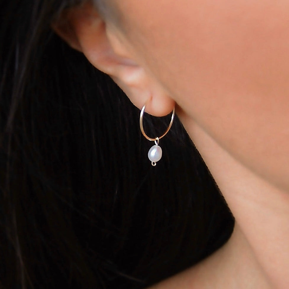 DAINTY FRESHWATER PEARL HOOP EARRINGS - Yellow Gold & Silver
