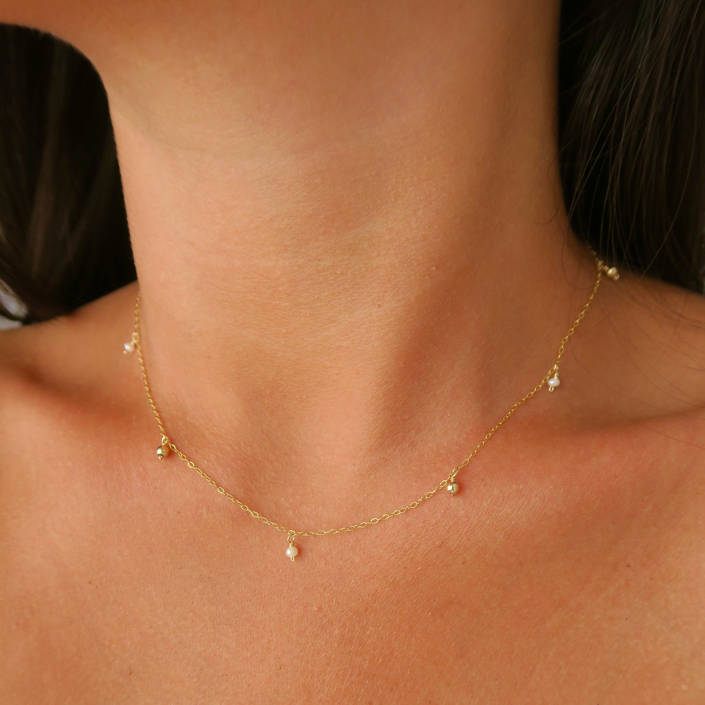 DAINTY FRESHWATER PEARL & BEAD CHOKER NECKLACE- Yellow Gold