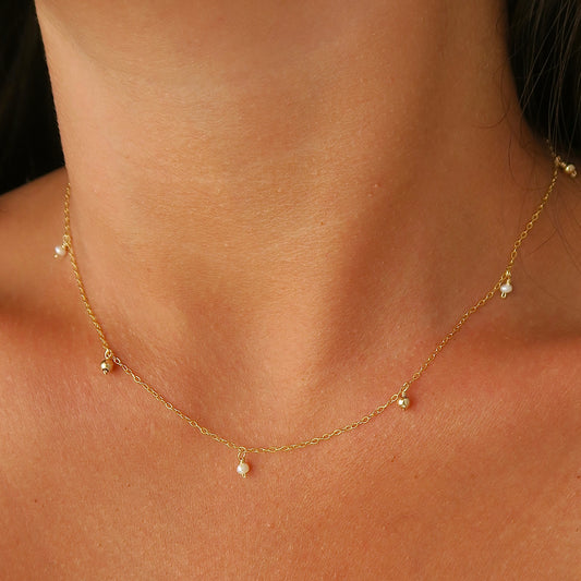 DAINTY FRESHWATER PEARL & BEAD CHOKER NECKLACE- Yellow Gold