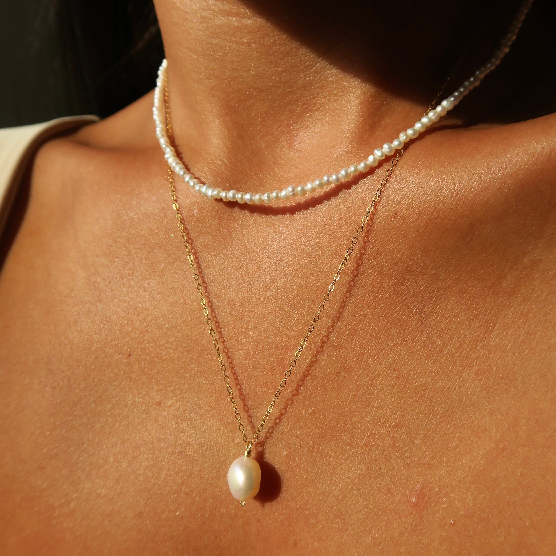 Single large white 10mm freshwater pearl on delicate 14k gold filled chain